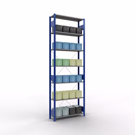 Basisplank, legplank, insteeksysteem MULTIplus150, 3000 x 1000 x 300 mm (HxBxD), 7 legborden, kruisschoor, RAL 5010/verzinkt met de GTIN 4004514279637 Basisplank, legbord, insteeksysteem MULTIplus150, 3000 x 1000 x 300 mm, 7 legborden, RAL 5010/verzinkt van Schulte Lagertechnik met artikelnr. 12732-B