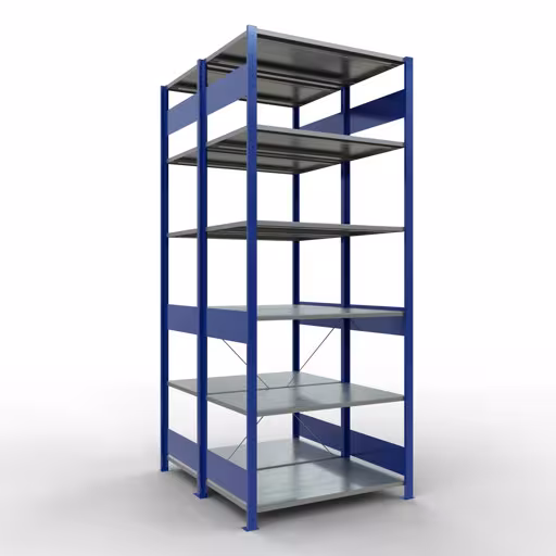 Basisplank, dubbele plank, legplank-insteeksysteem MULTIplus150, 2500 x 1000 x (2x600) mm, 2x6 legborden, kruisschoor, RAL 5010 gentiaanblauw van Schulte Lagertechnik met artikelnr. 32761-B