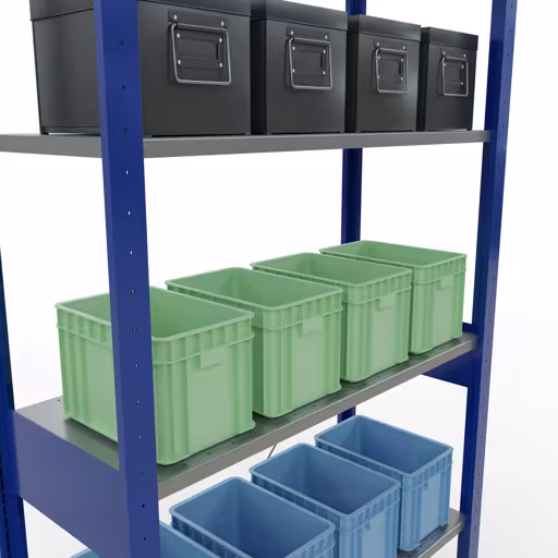 Extra afbeelding van het artikel Basisplank, legbord, insteeksysteem MULTIplus150, 2500 x 1000 x 400 mm (HxBxD), 6 legborden, kruisschoor, RAL 5010/verzinkt Extra afbeelding van het artikel Basisplank, legplank-insteeksysteem MULTIplus150, 2500 x 1000 x 400 mm, 6 legborden, RAL 5010/verzinkt vanaf basisplank