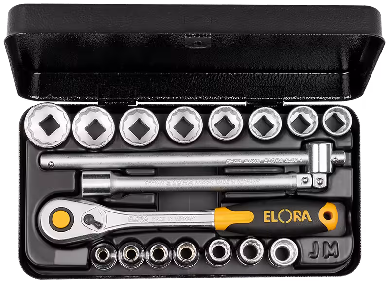 Dopsleutelset 3/8", zeskant, 18-delig 6-22 mm 871-JMU van ELORA Dopsleutelset 3/8", 18-delig 6-22 mm, ELORA-870/871-JMU/871-JSU uit de categorie dopsleutels 3/8" met artikelnr. 0871501802000