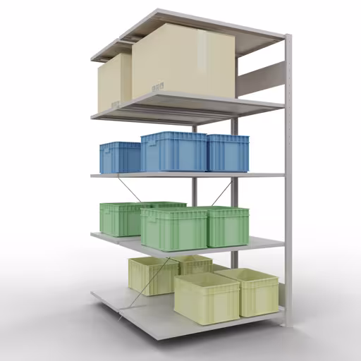 Extra afbeelding van het artikel Aanbouwplank, dubbele plank, stellingsysteem MULTIplus150, 2000 x 1000 x (2x600) mm (HxBxD), 2x5 planken, kruisschoor, RAL 7035 lichtgrijs Extra afbeelding van het artikel Aanbouwplank, dubbele plank, legplank-insteeksysteem MULTIplus150, 2000 x 1000 x (2x600) mm, 2x5 legborden, RAL 7035 lichtgrijs uit dubbele legborden