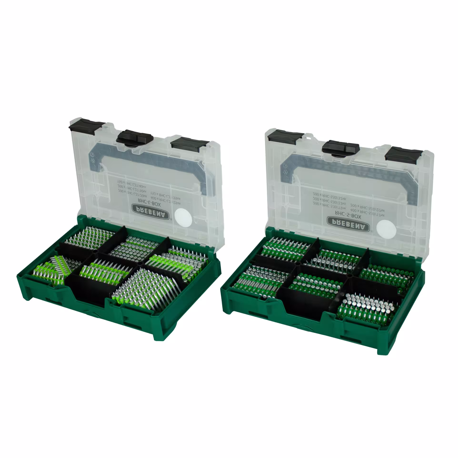 Productgroep RHC-L-BOX verzinkt licht RHC-L-BOX - betonspijkers in de bouwplaatsvriendelijke metaBOX van het merk Prebena uit de categorie bevestigingsmiddelen