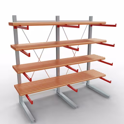 Productafbeelding nr. 10 van artikel K 6000 compleet legbord, eenzijdig, 3000 x 3000 x 1250 mm, RAL 7001 / RAL 3000, 5 opslagniveaus Afbeelding nr. 10 van artikel K 6000 complete stelling, eenzijdig, 3000 x 3000 x 1250 mm, RAL 7001 / RAL 3000, 5 opslagniveaus uit de productgroep draagarmstellingen van Schulte Lagertechnik
