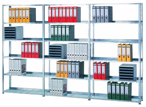 Aanbouwstelling, kantoorstelling, schroefsysteem MULTIplus150, 2300 x 750 x 600 mm (HxBxD), 6 legborden, verzinkt, zonder middenaanslag, schroefsysteem, art.nr. 12143