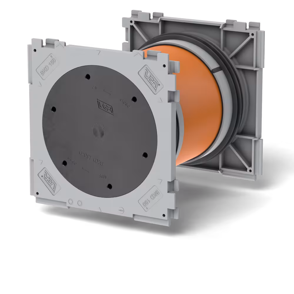 Dubbele afdichtingsbajonet BKD150-K2 versie wanddikte: 150 mm met de GTIN 4251582400160 Dubbele afdichtingspakkingbajonet BKD150-K2/150 van UGA System-Technik met artikelnr. 402115015000