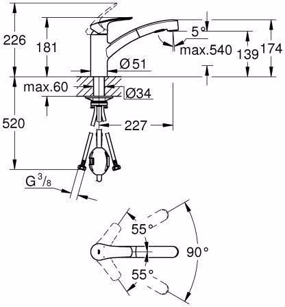 Technische Zeichnung 4002437 GROHE ééngreeps wastafelmengkraan Eurosmart 30305 vlakke uitloop met uittrekbare dubbele vaatdouche chroom
