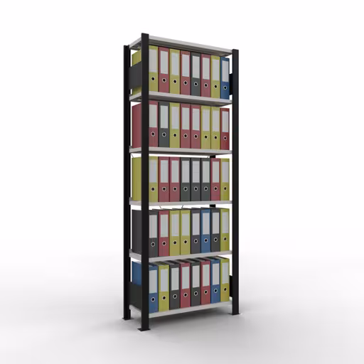 Basisstelling, kantoorstelling, insteeksysteem MULTIplus85, 2000 x 750 x 300 mm, 6 legborden, kruisschoor, met stoplijst, zwart/lichtgrijs van Schulte Lagertechnik uit het assortiment kantoorstellingen