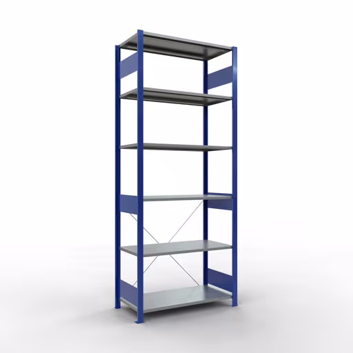 Basisplank, legbord, insteeksysteem MULTIplus85, 2500 x 1000 x 500 mm (HxBxD), 6 legborden, kruisschoor, RAL 5010 gentiaanblauw van Schulte Lagertechnik Basisplank, legplank, insteeksysteem MULTIplus85, 2500 x 1000 x 500 mm (HxBxD), 6 legborden, kruisschoor, RAL 5010 gentiaanblauw, basisplank, art.nr. 13151-B