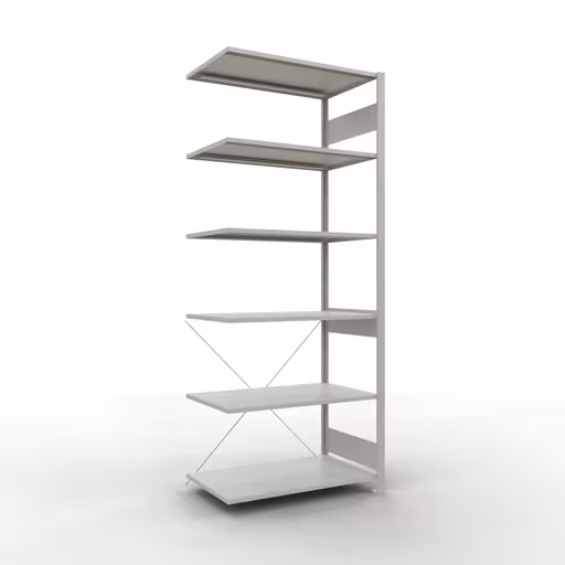 Aanbouwplank, hoekplank (veld C) 2500 x 1000 x 600, 6 planken, kruisschoor, RAL 7035 lichtgrijs van Schulte Lagertechnik uit de categorie plankenplanken