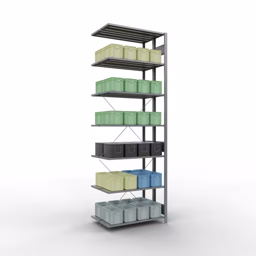 Aanbouwstelling, dubbele stelling, stellingsysteem MULTIplus150, 3000 x 1000 x (2x600) mm (HxBxD), 2x7 legborden, kruisschoor, verzinkt uit de categorie dubbele stelling met de GTIN 4058255035144 Aanbouwrekken, dubbele rekken, rekkensysteem MULTIplus150, 3000 x 1000 x (2x600) mm, 2x7 planken, kruisschoor, verzinkt van Schulte Lagertechnik uit het rekkenprogramma