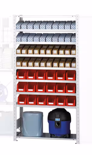 Basisplank, plankmodule M5, 2000 x 1000 x 500 mm, RAL 7035 lichtgrijs/gegalvaniseerd, 7 schuine MULTIplus150 planken, 2 rechte MULTIplus150 planken van Schulte Lagertechnik met het artikelnr. Koop 12750-M5 bij qpool24
