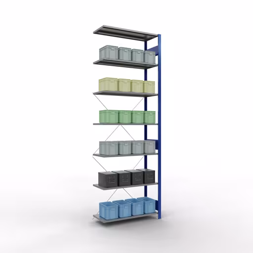 Productafbeelding nr. 13 van het artikel Aanbouwrekken, legbordstellingen, insteeksysteem MULTIplus85, 3000 x 1000 x 400 mm (HxBxD), 7 legborden, kruisschoor, RAL 5010 gentiaanblauw Figuur nr. 13 van het artikel aanbouwrekken, legbordstellingen, insteeksysteem MULTIplus85, 3000 x 1000 x 400 mm, 7 legborden, RAL 5010 gentiaanblauw uit de productgroep insteeksysteem van het merk Schulte Lagertechnik.