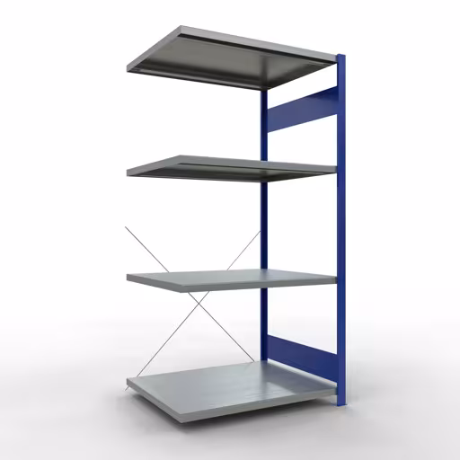 Aanbouwrekken, rekken, insteeksysteem MULTIplus330, 2000 x 1000 x 800 mm (HxBxD), 5 planken, kruisschoor, RAL 5010 gentiaanblauw/gegalvaniseerd van Schulte Lagertechnik Aanbouwrekken, rekken, insteeksysteem MULTIplus330, 2000 x 1000 x 800 mm (HxBxD), 5 legborden, kruisschoor, RAL 5010 gentiaanblauw/verzinkt, aanbouwplank, art.nr. 13985-B