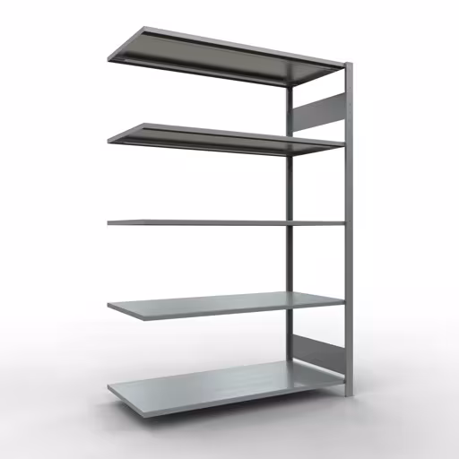 Aanbouwrekken, legbordstellingen, insteeksysteem MULTIplus150, 2000 x 1300 x 600 mm (HxBxD), 5 legborden, lengtestangen, verzinkt, aanbouwplank, art.nr. 12765-130-LR