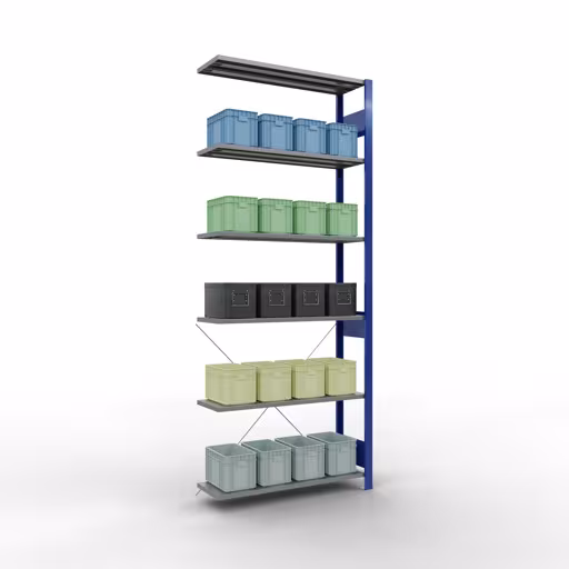 Aanbouwrekken, legbordstellingen, insteeksysteem MULTIplus150, 2500 x 1000 x 300 mm, 6 legborden, RAL 5010/verzinkt van Schulte Lagertechnik met artikelnr. 12636-B