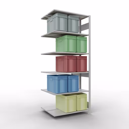 Aanbouwrekken, dubbele rekken, stellingsysteem MULTIplus150, 2500 x 1000 x (2x400) mm (HxBxD), 2x6 planken, lengtestangen, RAL 7035 lichtgrijs met de GTIN 4004514269942 Aanbouwrekken, dubbele rekken, rekkensysteem MULTIplus150, 2500 x 1000 x (2x400) mm, 2x6 planken, RAL 7035 lichtgrijs van Schulte Lagertechnik met het artikelnr. 33146