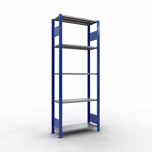 Basisplank, legplank, insteeksysteem MULTIplus150, 2000 x 750 x 300 mm (HxBxD), 5 legborden, lengtestang, RAL 5010 gentiaanblauw/verzinkt/verzinkt, basisplank, art.nr. 12730-75-LR-B