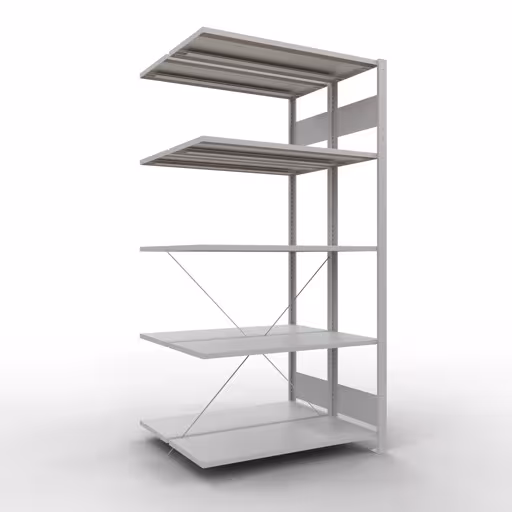 Figuur nr. 11 van het artikel aanbouwstelling, dubbele stelling, stellingstelling, insteeksysteem MULTIplus150, 2000 x 1000 x (2x400) mm, 2x5 legborden, kruisschoor, RAL 7035 lichtgrijs uit de stellingstelling productgroep van Schulte Lagertechnik.