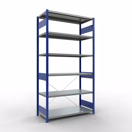 Basisplank, legplank, insteeksysteem MULTIplus250, 2500 x 1300 x 600 mm (HxBxD), 6 legborden, kruisschoor, RAL 5010 gentiaanblauw/verzinkt, basisplank, art.nr. 12961-130-B