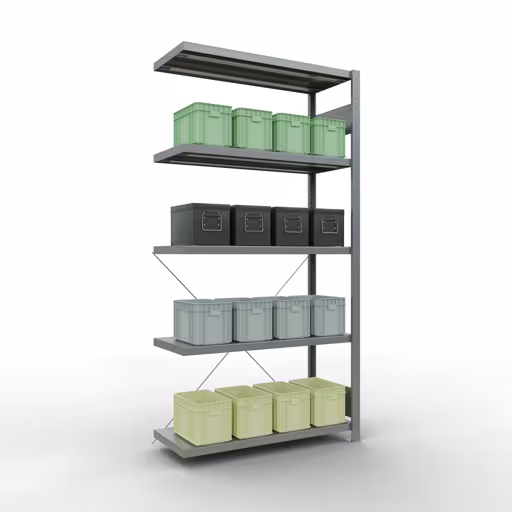 Andere weergave van het artikel Aanbouwrekken, stellingrekken, insteeksysteem MULTIplus250, 2000 x 1000 x 400 mm (HxBxD), 5 legborden, kruisschoor, verzinkt Andere weergave van het artikel Aanbouwplank, legbord, insteeksysteem MULTIplus250, 2000 x 1000 x 400 mm, 5 legborden, kruisschoor, verzinkt uit de categorie insteeksysteem