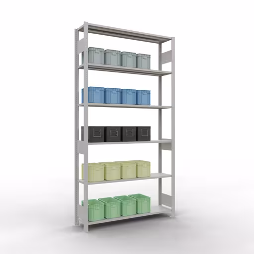 Basisplank, legplank, insteeksysteem MULTIplus150, 2500 x 1300 x 300 mm (HxBxD), 6 legborden, lengtestangen, RAL 7035 lichtgrijs met artikelnr. 32631-130-LR Basisplank, legbord, insteeksysteem MULTIplus150, 2500 x 1300 x 300 mm, 6 planken, lengtestangen, RAL 7035 lichtgrijs van Schulte Lagertechnik uit de categorie insteeksysteem