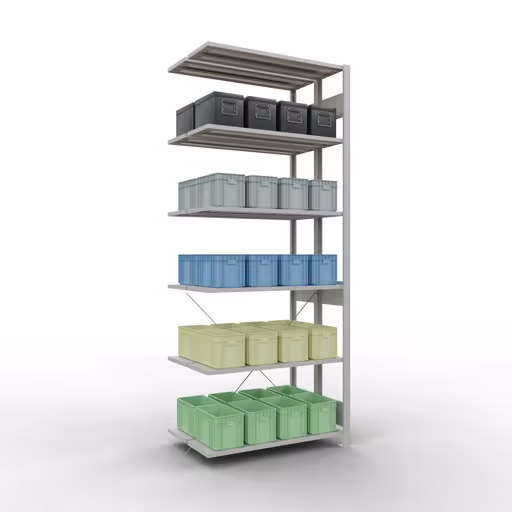 Productafbeelding nr. 13 van het artikel aanbouwstelling, dubbele stelling, stellingstelling insteeksysteem MULTIplus150, 2500 x 1000 x (2x300) mm, 2x6 planken, RAL 7035 lichtgrijs uit het stellingstelling-assortiment van Schulte Lagertechnik
