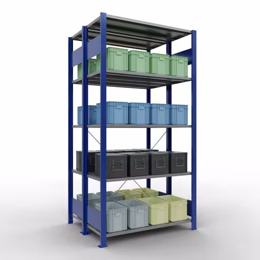 Basisplank, dubbele plank, legbord, insteeksysteem MULTIplus150, 2000 x 1000 x (2x400) mm (HxBxD), 2x5 legborden, kruisschoor, RAL 5010 gentiaanblauw met artikelnr. 32740-B Basisplank, dubbele plank, rekkensysteem MULTIplus150, 2000 x 1000 x (2x400) mm, 2x5 planken, RAL 5010 gentiaanblauw van Schulte Lagertechnik uit de categorie rekken