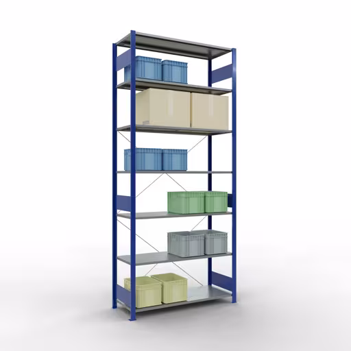 Basisstelling, legbordstelling, insteeksysteem MULTIplus150, 3000 x 1300 x 500 mm (HxBxD), 7 legborden, kruisschoor, RAL 5010 gentiaanblauw/verzinkt met de GTIN 4004514280480 Basisplank, legbord, insteeksysteem MULTIplus150, 3000 x 1300 x 500 mm, 7 legborden, RAL 5010 gentiaanblauw/verzinkt van Schulte Lagertechnik met het artikelnr. 12752-130-B