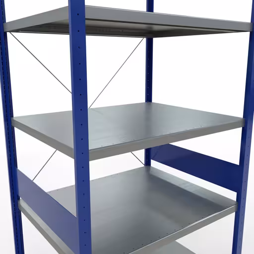 Productafbeelding nr. 7 van het artikel basisplank, legbord, insteeksysteem MULTIplus250, 3000 x 1000 x 800 mm, 7 legborden, kruisschoor, RAL 5010 gentiaanblauw/verzinkt uit het insteeksysteem assortiment van het merk Schulte Lagertechnik