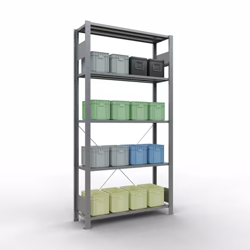 Productafbeelding nr. 14 van het artikel basisplank, legbord, insteeksysteem MULTIplus150, 2000 x 1000 x 300 mm (HxBxD), 5 legborden, kruisschoor, verzinkt Figuur nr. 14 van het artikel basisrek, legplank-insteeksysteem MULTIplus150, 2000 x 1000 x 300 mm, 5 legborden, verzinkt uit de productgroep insteeksysteem van het merk Schulte Lagertechnik.