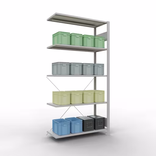 Productafbeelding nr. 16 van het artikel Aanbouwrekken, legbordstellingen, insteeksysteem MULTIplus85, 2000 x 1000 x 400 mm (HxBxD), 5 legborden, kruisschoor, RAL 7035 lichtgrijs Afbeelding nr. 16 van het artikel aanbouwrekken, legbord-insteeksysteem MULTIplus85, 2000 x 1000 x 400 mm, 5 legborden, RAL 7035 lichtgrijs uit de productgroep insteeksysteem van het merk Schulte Lagertechnik