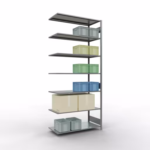 Extra afbeelding bij het artikel Aanbouwrekken, legbordstellingen, insteeksysteem MULTIplus150, 3000 x 1300 x 600 mm (HxBxD), 7 legborden, lengtestangen, verzinkt Extra afbeelding van het artikel Aanbouwplank, stellingkast MULTIplus150 insteeksysteem, 3000 x 1300 x 600 mm, 7 legborden, lengtestangen, verzinkt vanaf opzetplank