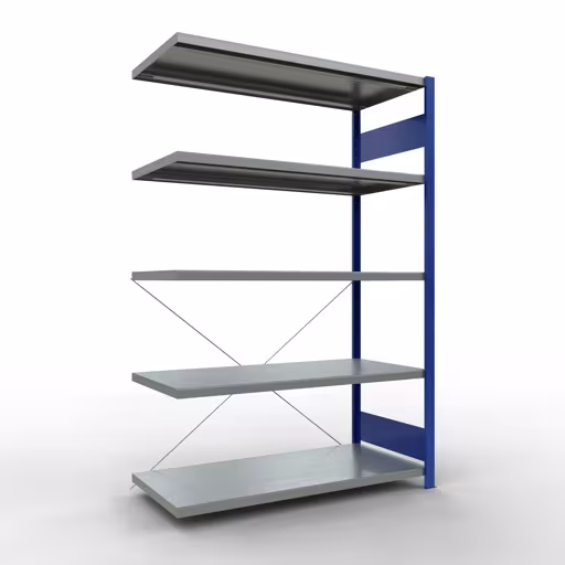 Aanbouwrekken, rekken, insteeksysteem MULTIplus250, 2000 x 1300 x 600 mm (HxBxD), 5 planken, kruisschoor, RAL 5010 gentiaanblauw/gegalvaniseerd van Schulte Lagertechnik Aanbouwrekken, rekken, insteeksysteem MULTIplus250, 2000 x 1300 x 600 mm (HxBxD), 5 legborden, kruisschoor, RAL 5010 gentiaanblauw/verzinkt, aanbouwplank, art.nr. 12965-130-B