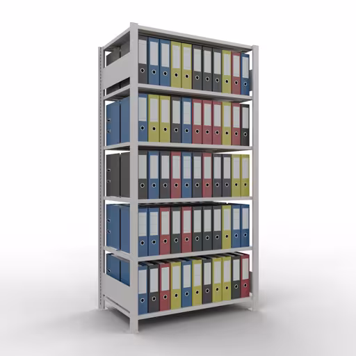 Basisstelling, kantoorstelling, insteeksysteem MULTIplus150, 2000 x 1000 x 600 mm, 6 planken, lengtestangen, met middenaanslag, lichtgrijs van Schulte Lagertechnik met artikelnr. 36043