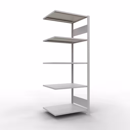 Aanbouwrekken, rekken, insteeksysteem MULTIplus150, 2000 x 750 x 600 mm (HxBxD), 5 legborden, lengtebalk, RAL 7035 lichtgrijs, aanbouwplank, art.nr. 32665-75-LR