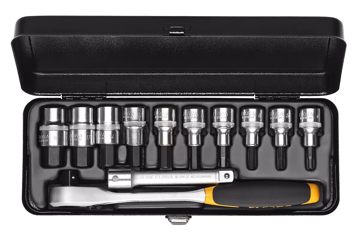 Dopsleutelset 1/2", binnenzeskant, 9-delig 3/16"-3/4" AF 770-KINAK van ELORA Dopsleutelset 1/2", binnenzeskant, ELORA-770-KIN uit de categorie dopsleutels 1/2" met artikelnr. 0770550352900