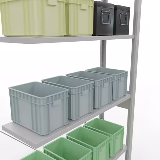 Productafbeelding nr. 8 van het artikel aanbouwplank, hoekplank (veld C) 2500 x 1000 x 300, 6 planken, RAL 7035 lichtgrijs uit het assortiment schappenplanken van Schulte Lagertechnik