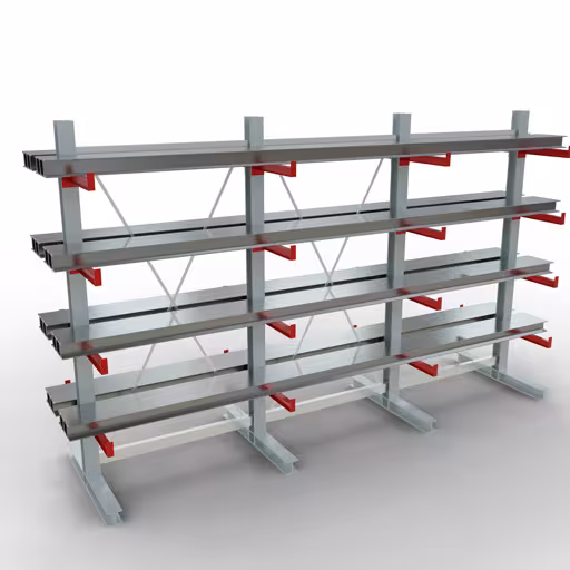 Productafbeelding nr. 9 van artikel K 3000 complete plank, dubbelzijdig, 2500 x 3900 x 500 mm, RAL 7001 / RAL 3000, 5 opslagniveaus Figuur nr. 9 van het artikel K 3000 complete stelling, dubbelzijdig, 2500 x 3900 x 500 mm, RAL 7001 / RAL 3000, 5 opslagniveaus uit de productgroep draagarmstellingen van Schulte Lagertechnik
