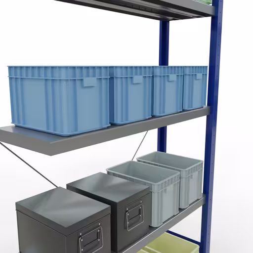Aanbouwrekken, rekken, insteeksysteem MULTIplus250, 2000 x 1000 x 300 mm, 5 legborden, kruisschoor, RAL 5010 gentiaanblauw/verzinkt van het merk Schulte Lagertechnik uit het assortiment insteeksystemen