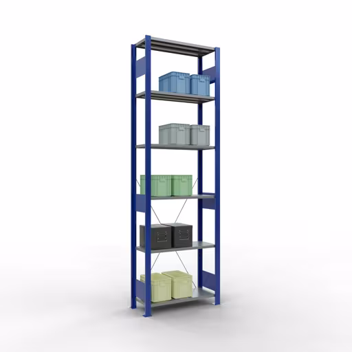 Basisplank, legplank, insteeksysteem MULTIplus150, 2500 x 750 x 300 mm (HxBxD), 6 legborden, kruisschoor, RAL 5010 gentiaanblauw/verzinkt/verzinkt uit de categorie basisplanken met de GTIN 4004514279521 Basisplank, legbord, insteeksysteem MULTIplus150, 2500 x 750 x 300 mm, 6 legborden, kruisschoor, RAL 5010 gentiaanblauw/verzinkt/verzinkt van Schulte Lagertechnik uit het plug-in systeem-assortiment