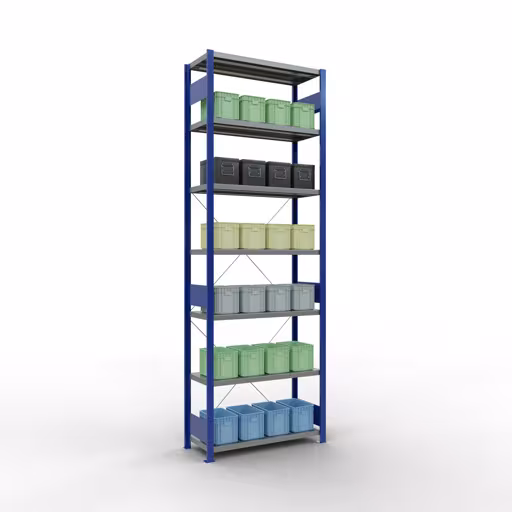 Figuur nr. 15 van het artikel basisrek, legbord, insteeksysteem MULTIplus330, 3000 x 1000 x 400 mm, 7 legborden, kruisschoor, RAL 5010 gentiaanblauw/verzinkt uit de insteeksysteem productgroep van Schulte Lagertechnik.