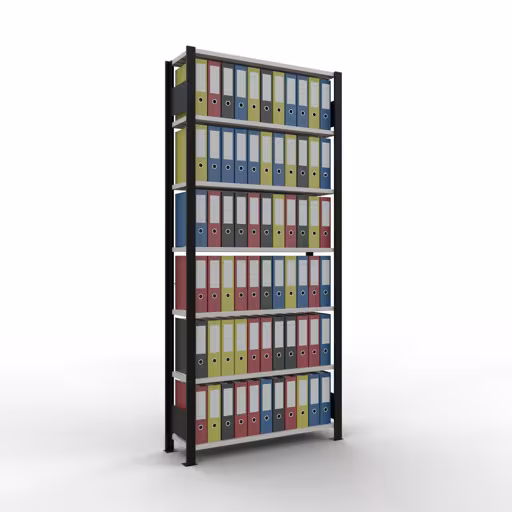 Basisplank, kantoorrek, insteeksysteem MULTIplus85, 2300 x 1000 x 300 mm, 7 planken, dwarsschoor, zonder aanslaglijst, zwart/lichtgrijs uit de categorie insteeksysteem met de GTIN 4004514237439 Basisplank, kantoorrek, insteeksysteem MULTIplus85, 2300 x 1000 x 300 mm, 7 planken, kruisschoor, zonder aanslaglijst, zwart/lichtgrijs van Schulte Lagertechnik uit het assortiment kantoorrekken