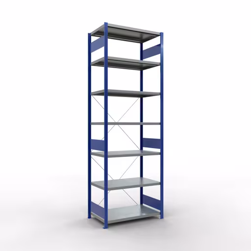 Andere weergave van het artikel Basisplank, legbord, insteeksysteem MULTIplus250, 3000 x 1000 x 600 mm, 7 legborden, kruisschoor, RAL 5010 gentiaanblauw/verzinkt uit de categorie insteeksysteem