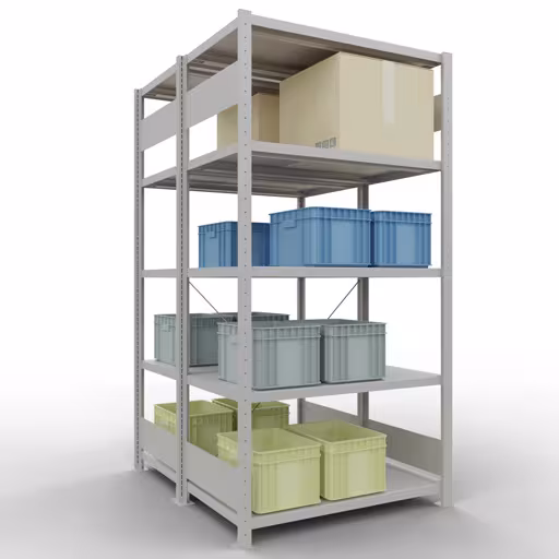 Andere weergave van het artikel Basisplank, dubbele plank, rekkensysteem MULTIplus250, 2000 x 1000 x (2x600) mm, 2x5 planken, kruisschoor, RAL 7035 lichtgrijs uit de categorie rekken