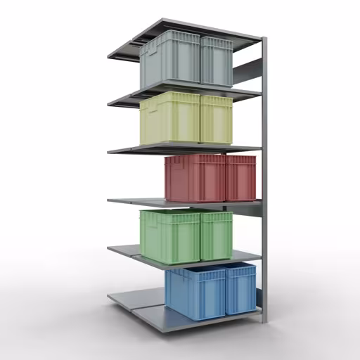 Figuur nr. 13 van het artikel aanbouwrekken, dubbele rekken, stellingstellingen insteeksysteem MULTIplus150, 2500 x 1000 x (2x600) mm, 2x6 planken, lengtestangen, verzinkt uit de stellingstelling productgroep van Schulte Lagertechnik.