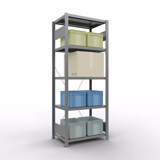 Basisplank, legbord, insteeksysteem MULTIplus250, 2000 x 750 x 500 mm (HxBxD), 5 legborden, kruisschoor, verzinkt van Schulte Lagertechnik met het artikelnr. 12950-75