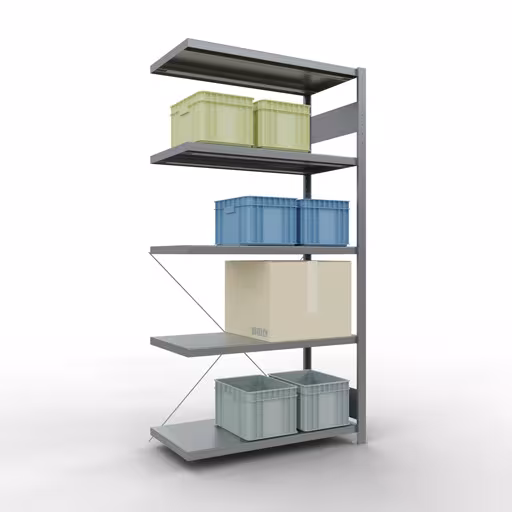 Andere weergave van het artikel Aanbouwrekken, legbordstellingen, insteeksysteem MULTIplus250, 2000 x 1000 x 500 mm (HxBxD), 5 legborden, kruisschoor, verzinkt Andere weergave van het artikel Aanbouwplank, legbord, insteeksysteem MULTIplus250, 2000 x 1000 x 500 mm, 5 legborden, kruisschoor, verzinkt uit de categorie insteeksysteem