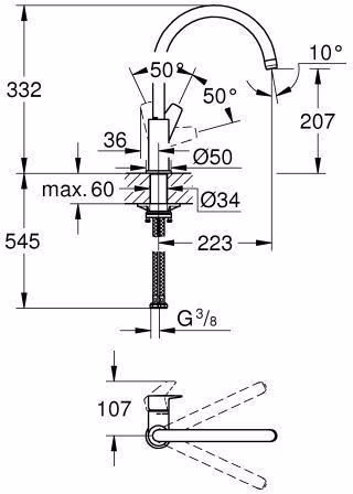 Technische Zeichnung 4080531 GROHE ééngreeps wastafelmengkraan BauEdge 31367 hoge uitloop chroom
