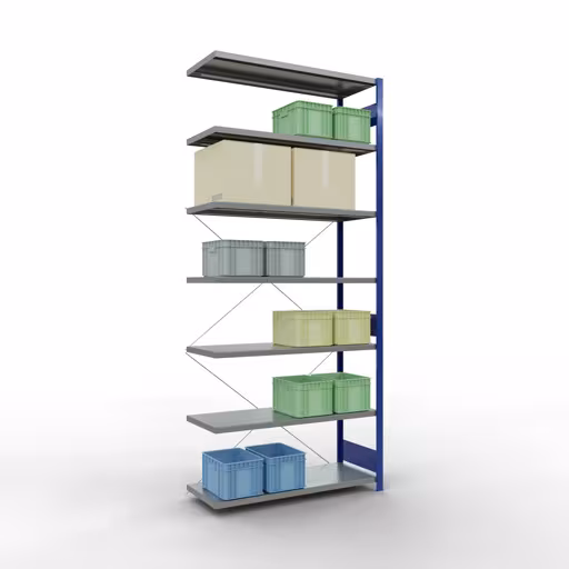 Productafbeelding nr. 15 van het artikel Aanbouwrekken, legbordstellingen, insteeksysteem MULTIplus250, 3000 x 1300 x 500 mm (HxBxD), 7 legborden, kruisschoor, RAL 5010 gentiaanblauw/verzinkt Afbeelding nr. 15 van het artikel aanbouwrekken, legbordstellingen, insteeksysteem MULTIplus250, 3000 x 1300 x 500 mm, 7 legborden, kruisschoor, RAL 5010 gentiaanblauw/verzinkt uit de productgroep insteeksysteem van Schulte Lagertechnik.