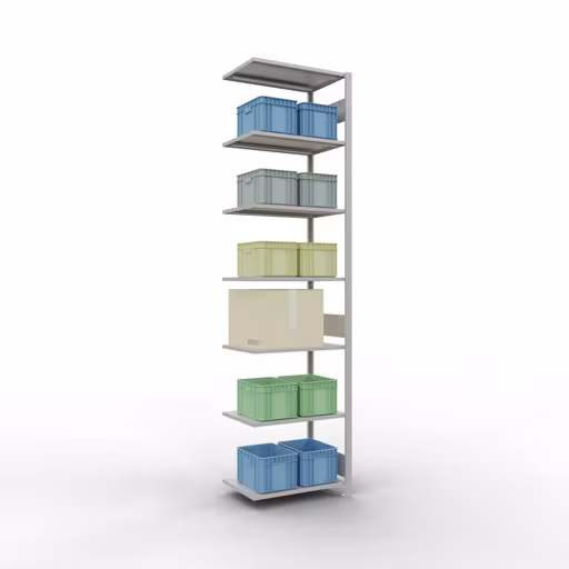 Aanbouwrekken, rekken, insteeksysteem MULTIplus150, 3000 x 750 x 500 mm (HxBxD), 7 planken, lengtestangen, RAL 7035 lichtgrijs met artikelnr. 32657-75-LR Aanbouwrekken, rekken, insteeksysteem MULTIplus150, 3000 x 750 x 500 mm, 7 planken, lengtestangen, RAL 7035 lichtgrijs van Schulte Lagertechnik uit de categorie insteeksystemen